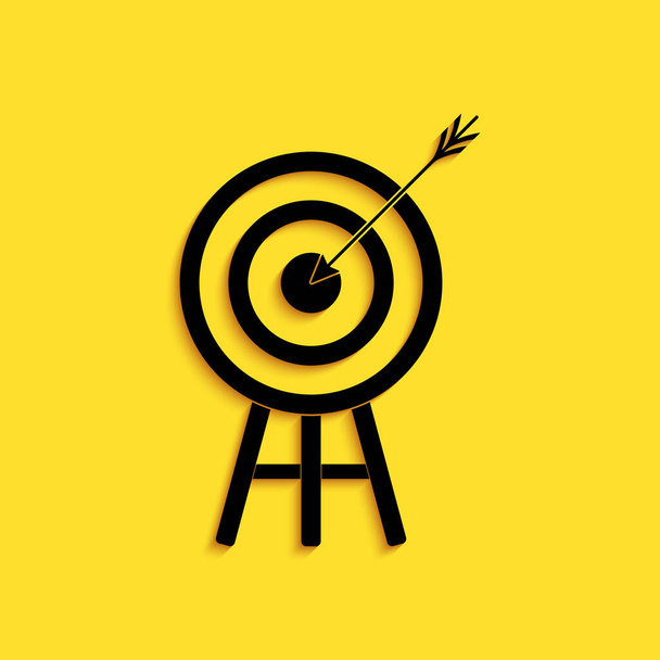 Schwarze Zielscheibe mit Pfeil-Symbol auf gelbem Hintergrund. Hinweisschild. Bogenschießen Ikone. Dartscheibe. Geschäftszielkonzept. Langer Schatten. Vektor. - Vektor, Bild