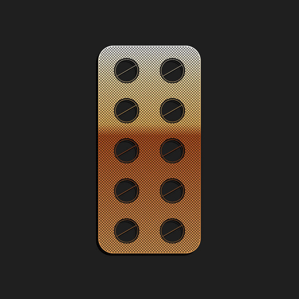 Gold Pills in blisterverpakking pictogram geïsoleerd op zwarte achtergrond. Medicijnpakket voor tablet: vitamine, antibioticum, aspirine. Lange schaduw stijl. Vector. - Vector, afbeelding