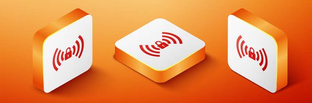 Icono de signo bloqueado Wifi isométrico aislado sobre fondo naranja. Contraseña símbolo Wi-Fi. Icono de red inalámbrica. Zona Wifi. Botón cuadrado naranja. Vector. - Vector, imagen