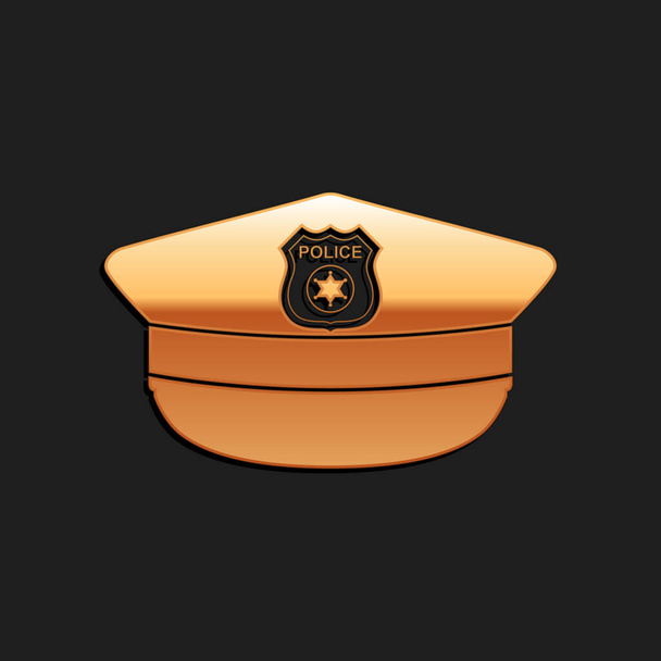ブラックを背景に隔離されたカクテルアイコンとゴールド警察キャップ。警察の帽子のサイン。長い影のスタイル。ベクトル. - ベクター画像
