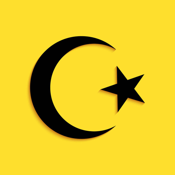 ブラックスターと三日月-黄色の背景に隔離されたイスラムアイコンのシンボル。宗教シンボル。長い影のスタイル。ベクトル. - ベクター画像