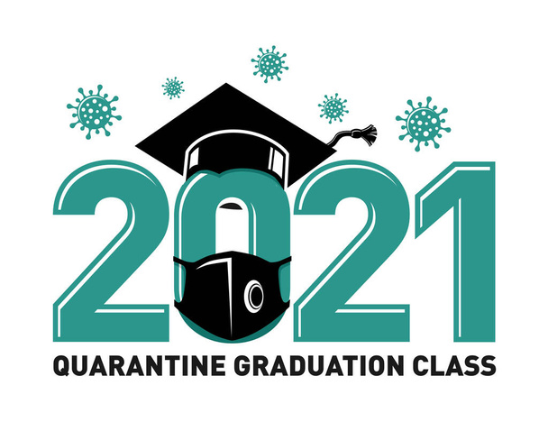 Quarantine graduation class of 2021. Concept for flyers, greeting card, prom invitations, T-shirt uniform emblems. Vector on transparent background - Vector, Image
