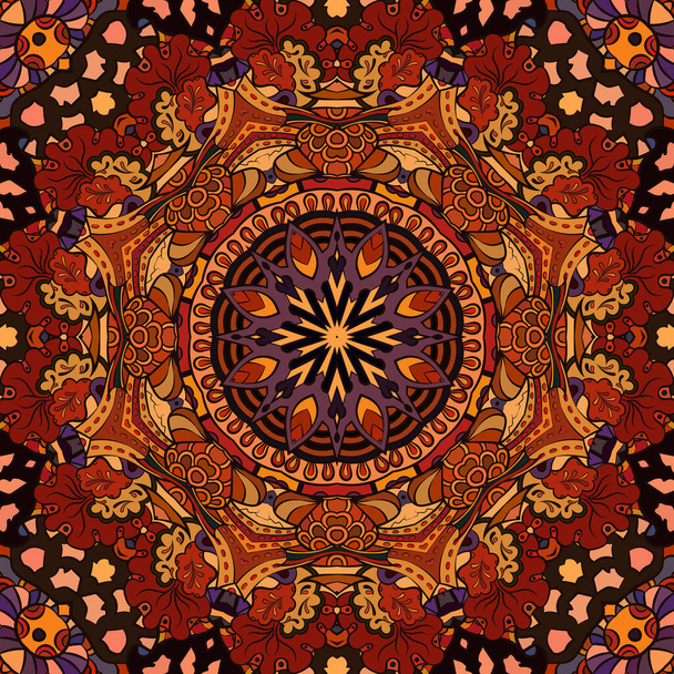 Seamless tracery tile mehndi design. Ethnic ornament, colorful doodle symmetry texture. Folk traditional spiritual tribal design. Curved doodling motif. Color art. Vector - Vektor, kép