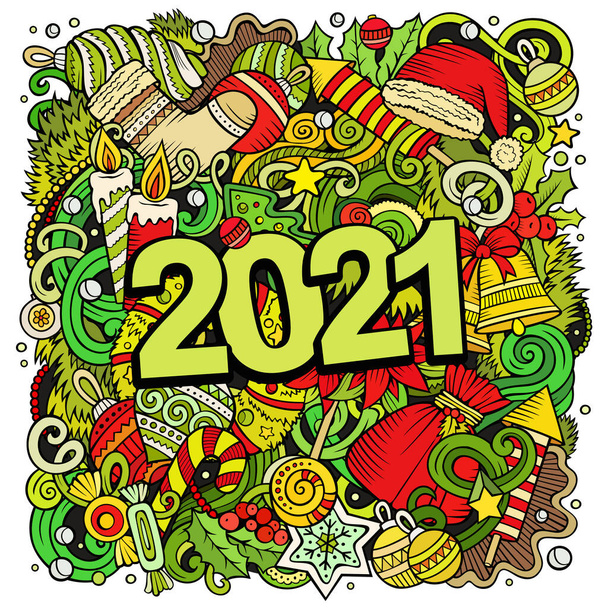 2021 hand drawn doodles illustration. New Year objects and elements poster design. Creative cartoon holidays art background. Colorful digital drawing - Photo, Image