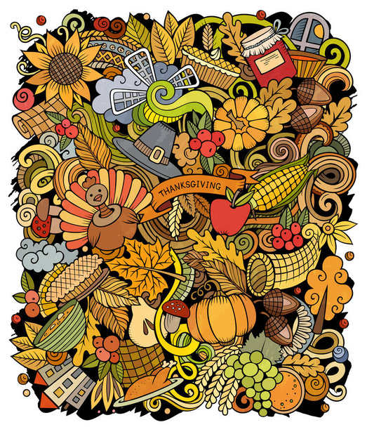 Digitale Cartoon-Doodles Happy Thanksgiving Day Illustration. Bunt, detailliert, mit vielen Objekten Hintergrund. Alle Objekte trennen sich. Helle Farben lustiges Bild - Foto, Bild