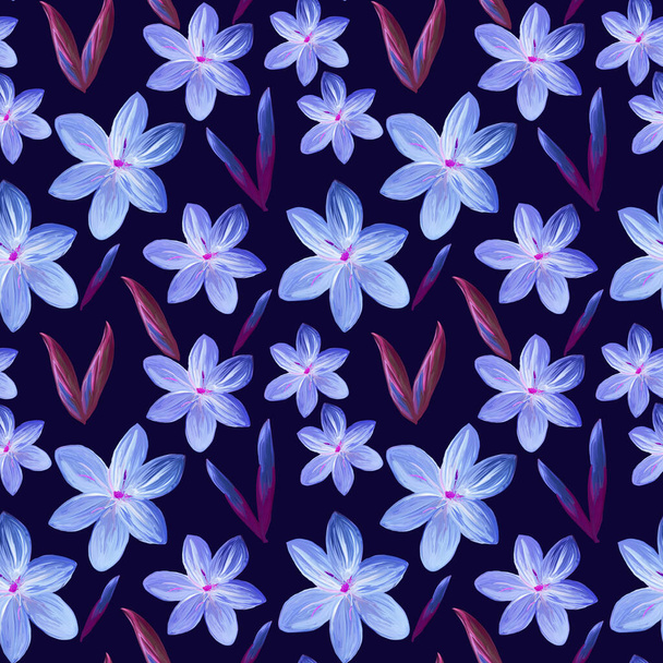 花で作られた花のシームレスなパターン背景にピンクの花芽を持つアクリル絵具。ファブリックとテキスタイル、パッケージ、壁紙の植物図. - 写真・画像