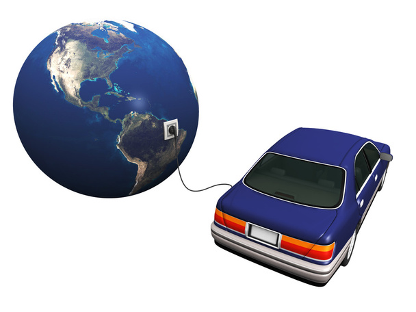 elektrische auto aangesloten op aarde, de batterijen opladen. - Foto, afbeelding