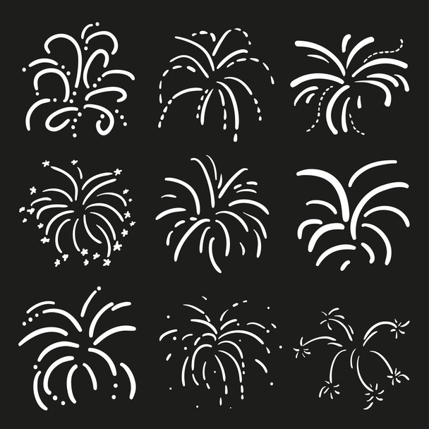 Набор праздничных фейерверков на изолированном черном фоне. Взрывы вручную. Черно-белая иллюстрация - Вектор,изображение