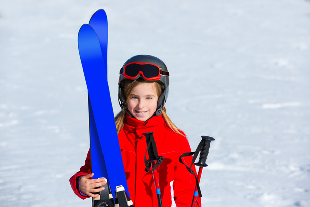 Kid girl winter snow with ski equipment - Photo, Image