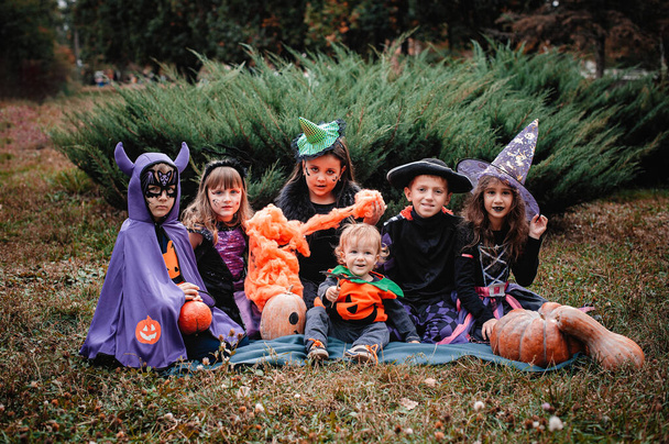 Kinderen in Halloween kostuums zitten op een deken met pompoenen op het gras - Foto, afbeelding
