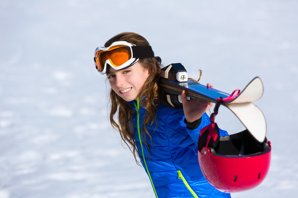 Kid girl winter snow with ski equipment - Fotó, kép