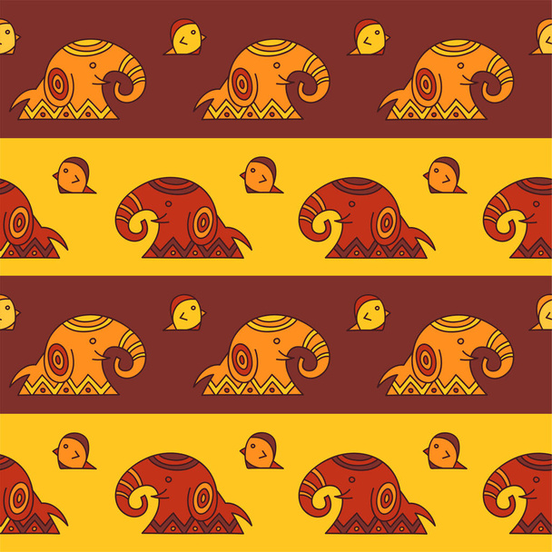 Vector seamless pattern with elephants and birds in ethnic style. Tribal endless ornament for your design in warm colors - Vetor, Imagem