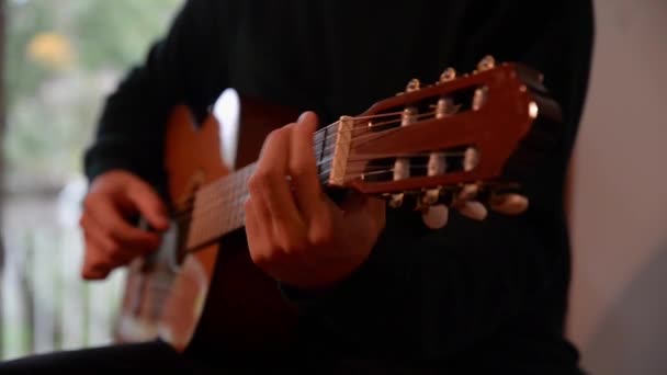 ギター奏者はクラシックギターで演奏する。クラシックギターを弾いている。ギターを弾く。ギターの指先取り. - 映像、動画