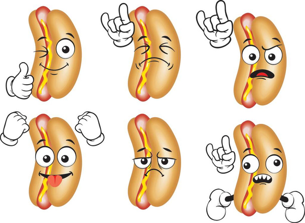 Een set van cartoon hotdogs in verschillende situaties. Vector.  - Vector, afbeelding