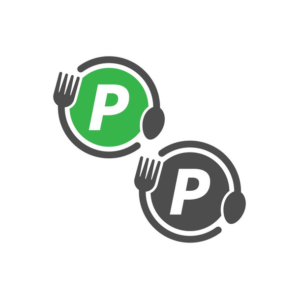 Fork and spoon icon Circling letter P logo design concept - Vecteur, image