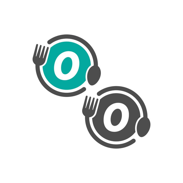 Значок вилки и ложки крутящийся буква О концепция логотипа - Вектор,изображение