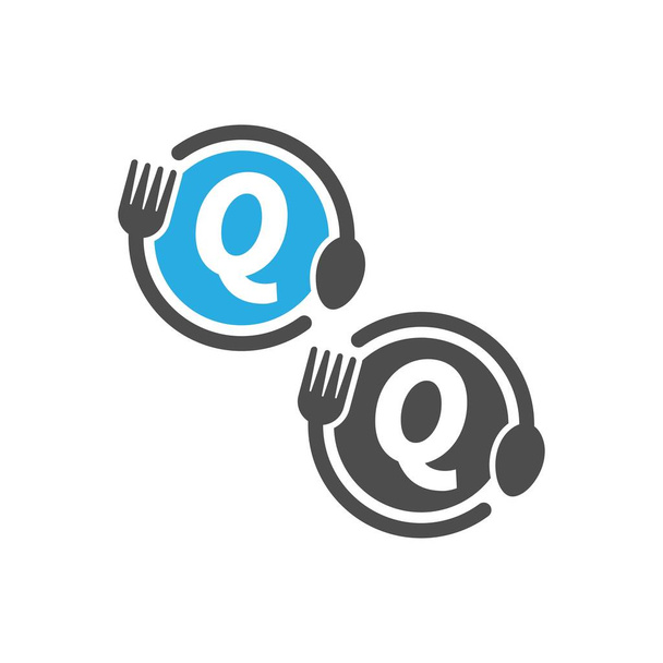 Значок вилки и ложки крутящийся буква Q концепция логотипа - Вектор,изображение