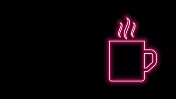 Zářící neonová čára Ikona šálek kávy izolované na černém pozadí. Šálek čaje. Horké kafe. Grafická animace pohybu videa 4K - Záběry, video