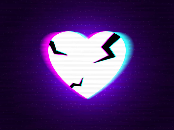 Glitch heart broken. Distorted neon love on modern background. Glitched stereo shape with double exposure. Abstract creative element for card, banner, poster. White cracked heart. Vector illustration. - Вектор, зображення