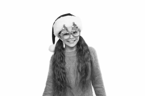 Funny kid on Christmas eve. waiting for miracle. small santa white background. merry christmas. winter brings a lot of joy. happy child in party glasses. new year eve. Happy Xmas and New Year holiday - Foto, Bild