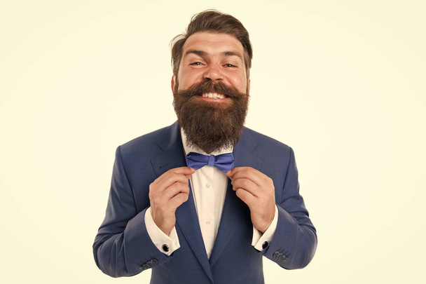 Excellent look. Think Different. Event manager. Business in modern life. Groom ready for wedding. Bearded man in formal suit. Businessman with beard wear bow tie. Modern business. Personal party - Foto, Imagem