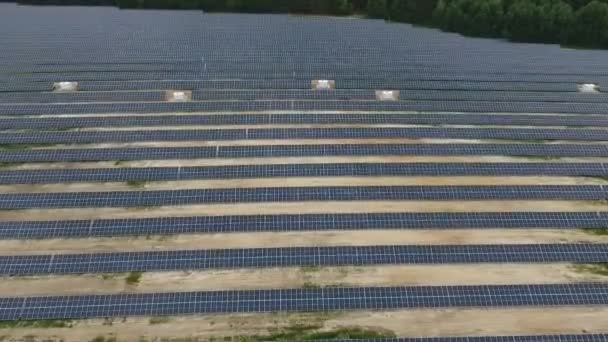 Güneş enerjisini toplamak ve onu elektriğe dönüştürmek için bir alana kurulmuş bir güneş paneli istasyonu. Çevre dostu elektrik enerjisi. - Video, Çekim