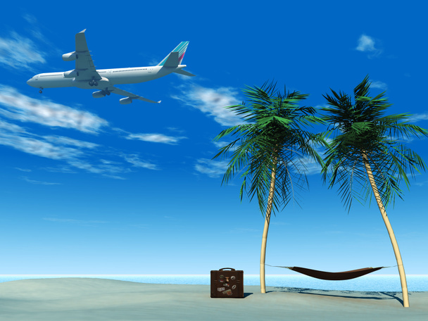 vliegtuig vliegen over tropisch strand. - Foto, afbeelding