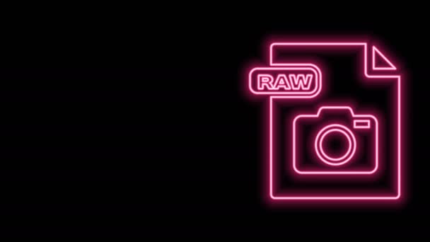 Glowing neon line RAW file document. Download raw button icon isolated on black background. RAW file symbol. 4K Video motion graphic animation - Footage, Video