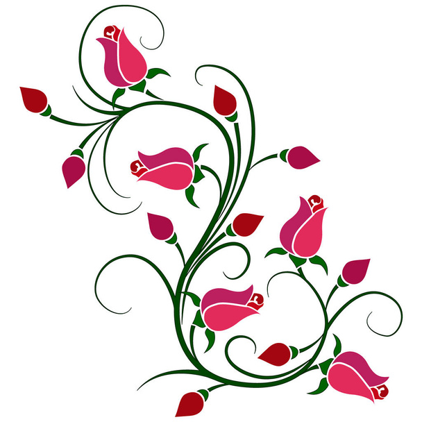 rama estilizada con brotes y rosas en colores brillantes, ilustración vectorial - Vector, imagen