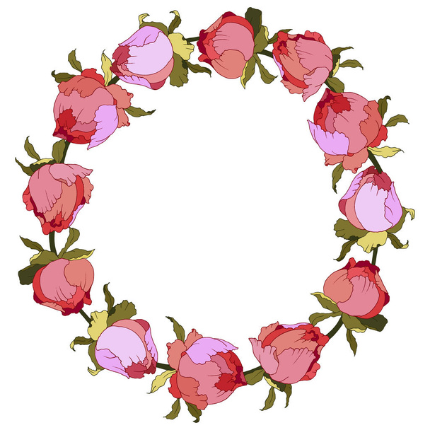 明るい色のバラや牡丹の芽を持つ装飾花輪、ベクトルイラスト - ベクター画像