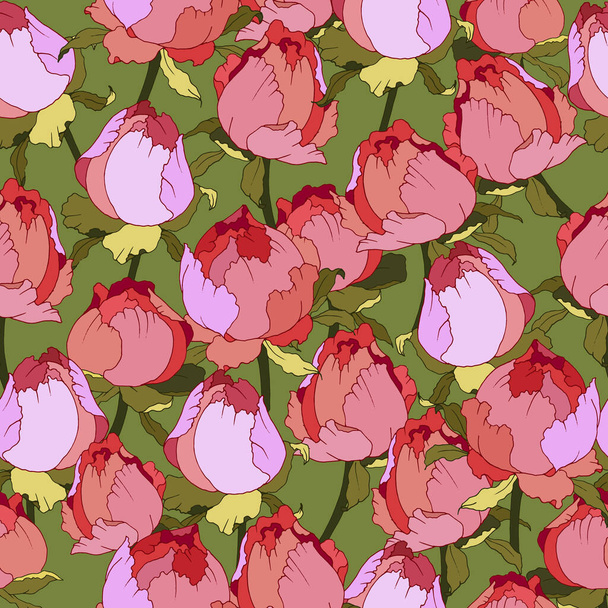 naadloos patroon met knoppen van rozen of pioenrozen in felle kleuren, ornament voor behang en stof, inpakpapier - Vector, afbeelding