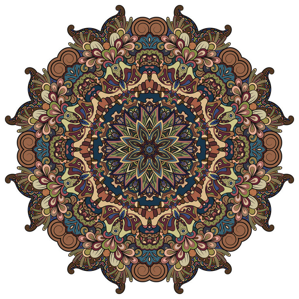 Mandala, tracery wheel mehndi design. Ethnic ornament, colorful doodle symmetry texture. Folk traditional spiritual tribal design. Curved shape, isolated on white. Color art. Vector - Wektor, obraz
