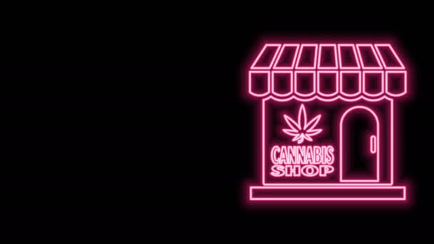 Világító neon vonal marihuána és cannabis áruház ikon elszigetelt fekete háttérrel. Felszerelés és tartozékok a dohányzás, orvosi kannabisz tárolására. 4K Videó mozgás grafikus animáció - Felvétel, videó