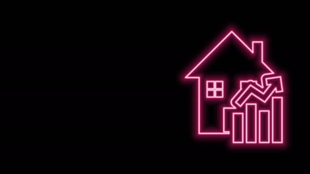 Ragyogó neon vonal Emelkedő költségek lakhatás ikon elszigetelt fekete alapon. Az ingatlanárak emelkedése. A lakossági grafikon növekszik. 4K Videó mozgás grafikus animáció - Felvétel, videó