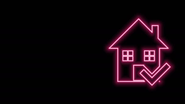 Glowing neon line House with check mark icon isolated on black background. Real estate agency or cottage town elite class. 4K Video motion graphic animation - Footage, Video