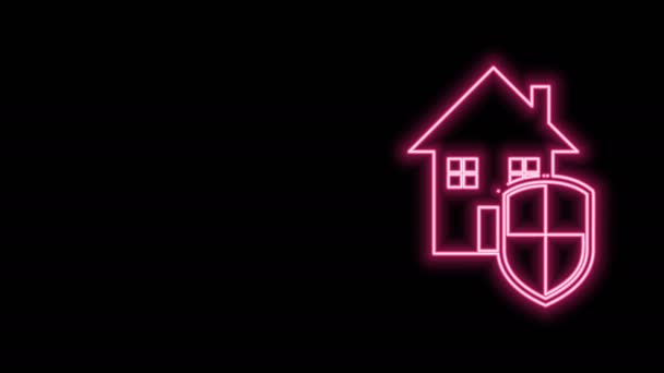 Gloeiende neon lijn Huis onder bescherming pictogram geïsoleerd op zwarte achtergrond. Thuis en schild. Bescherming, veiligheid, beveiliging, bescherming, defensie concept. 4K Video motion grafische animatie - Video