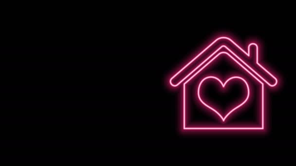 Zářící neonová čára Dům s ikonou ve tvaru srdce izolované na černém pozadí. Symbol domova lásky. Rodina, nemovitosti a nemovitosti. Grafická animace pohybu videa 4K - Záběry, video