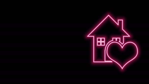 Ragyogó neon vonal Ház szív alakú ikon elszigetelt fekete háttér. Imádom az otthoni szimbólumot. Család, ingatlan és ingatlan. 4K Videó mozgás grafikus animáció - Felvétel, videó