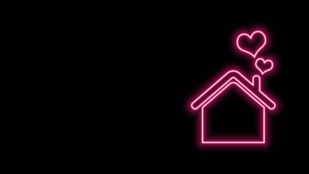 Светящийся неоновая линия Дом с изображением сердечной формы изолированы на черном фоне. Символ любви. Семья, недвижимость и недвижимость. Видеографическая анимация 4K - Кадры, видео