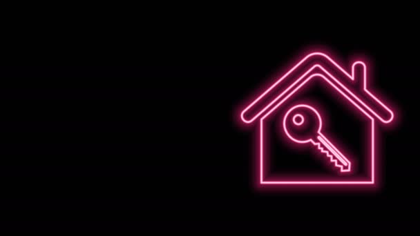 Świecący neon linii House z ikoną klucza izolowane na czarnym tle. Koncepcja domu pod klucz. 4K Animacja graficzna ruchu wideo - Materiał filmowy, wideo