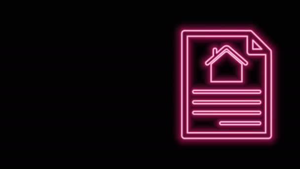 Linea neon incandescente icona del contratto House isolato su sfondo nero. Servizio di creazione di contratti, formazione di documenti, composizione dei moduli di domanda. Animazione grafica 4K Video motion - Filmati, video