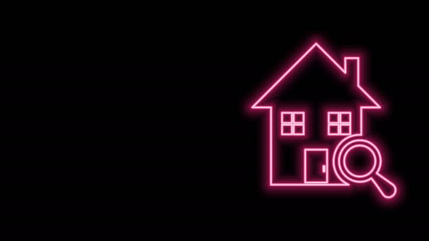 Светящаяся неоновая линия Иконка Поискового дома изолирована на черном фоне. Символ недвижимости дома под увеличительным стеклом. Видеографическая анимация 4K - Кадры, видео