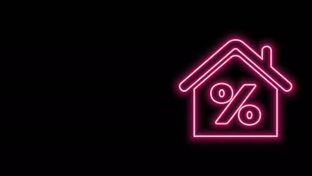 Leuchtende Neon-Linie Haus mit Percant Discount-Tag-Symbol isoliert auf schwarzem Hintergrund. Haus Prozentsatz Zeichen Preis. Immobilien zu Hause. Kreditanteil-Symbol. 4K Video Motion Grafik Animation - Filmmaterial, Video
