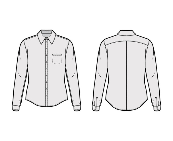 Camisa clásica ilustración técnica de moda con mangas largas con puño, cierre de botón delantero, cuello, yugos traseros - Vector, Imagen