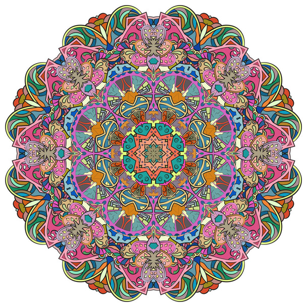 Mandala, tracery wheel mehndi design. Ethnic ornament, colorful doodle symmetry texture. Folk traditional spiritual tribal design. Curved shape, isolated on white. Color art. Vector - Διάνυσμα, εικόνα