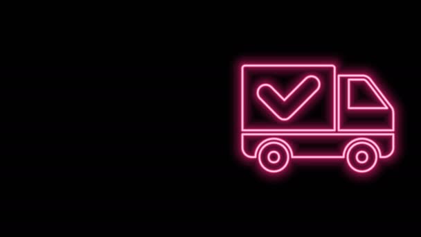 Λαμπερό νέον γραμμή παράδοσης φορτηγό με εικονίδιο σήμα ελέγχου που απομονώνονται σε μαύρο φόντο. 4K Γραφική κίνηση κίνησης βίντεο - Πλάνα, βίντεο