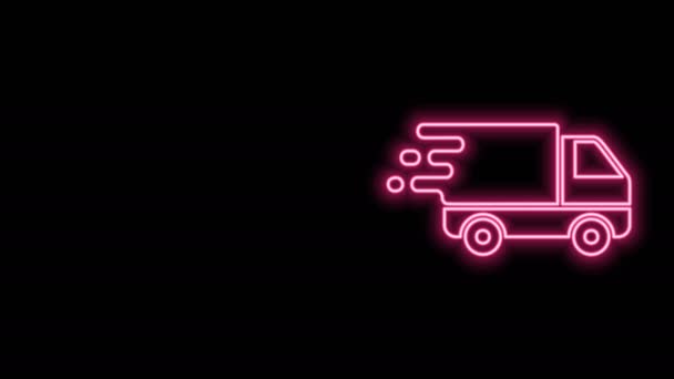 Gloeiende neon lijn Levering vrachtwagen in beweging pictogram geïsoleerd op zwarte achtergrond. Snelle verzending vrachtwagen. 4K Video motion grafische animatie - Video