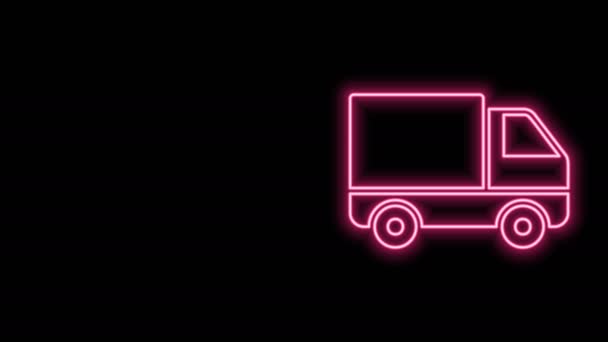 Gloeiende neon lijn Levering vrachtwagen voertuig pictogram geïsoleerd op zwarte achtergrond. 4K Video motion grafische animatie - Video