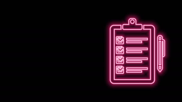 Izzó neonvonal A kézbesítési lista írólapjának és a toll ikonjának ellenőrzése fekete alapon. 4K Videó mozgás grafikus animáció - Felvétel, videó