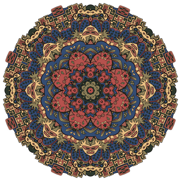 Mandala, tracery wheel mehndi design. Ethnic ornament, colorful doodle symmetry texture. Folk traditional spiritual tribal design. Curved shape, isolated on white. Color art. Vector - Вектор, зображення